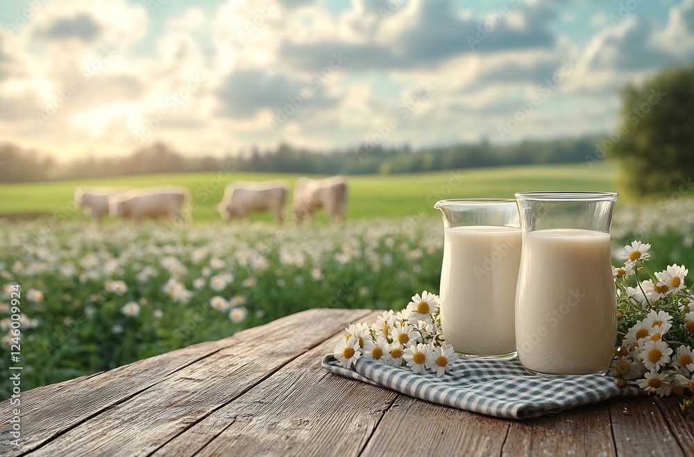 Fresh Milk in Idyllic Farmland Setting: Two Pitchers of Creamy Milk Adorn Rustic Wooden Table, Nestled Amongst Blooming Daisies, with Cows Grazing in a Picturesque Field at Sunset Fresh Milk in Idyllic Farmland Setting: Two Pitchers of Creamy Milk Adorn Rustic Wooden Table, Nestled Amongst Blooming Daisies, with Cows Grazing in a Picturesque Field at Sunset