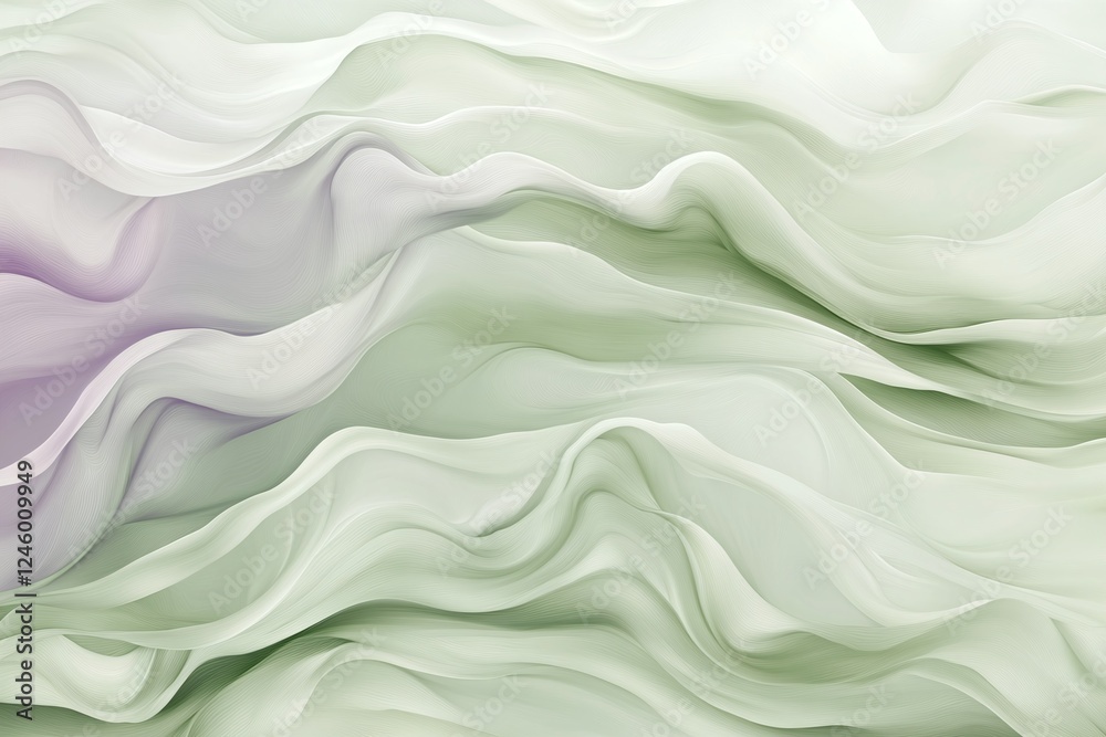 Fototapeta premium Abstract Green and White Wavy Fluid Texture with Soft Purple Accents in Minimalist Design