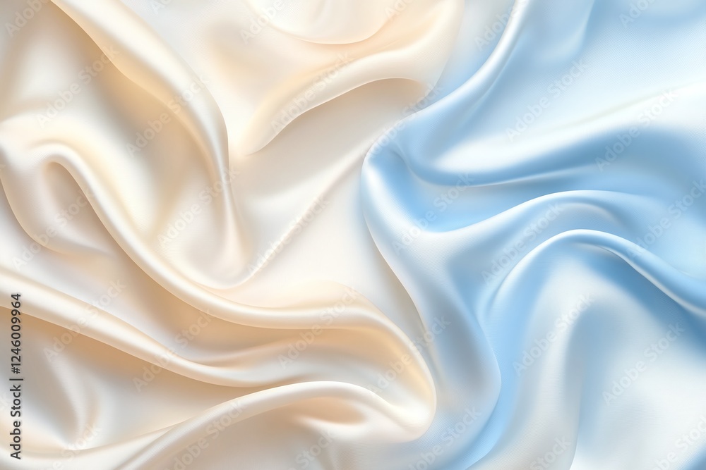 Obraz premium Soft Beige and Light Blue Silk Fabric with Smooth Folds and Luxurious Shiny Texture Background