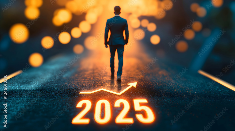 Fototapeta premium A man stands on a road illuminated by glowing lights, with 