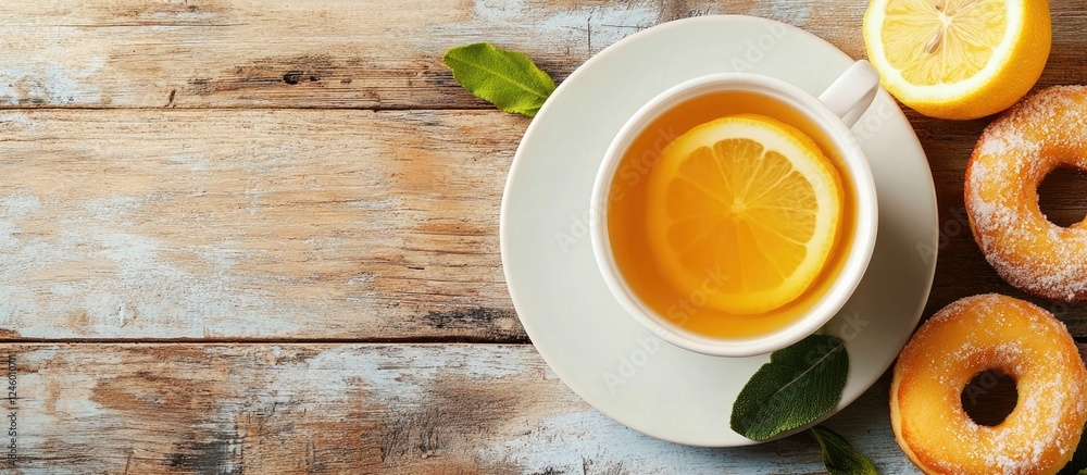 Lemon tea with doughnuts on rustic wooden background featuring empty space for text or branding