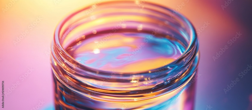 Colorful gel in a clear jar illuminated from behind creating vibrant reflections and light patterns on a soft surface. Colorful gel in a clear jar illuminated from behind creating vibrant reflections and light patterns on a soft surface.
