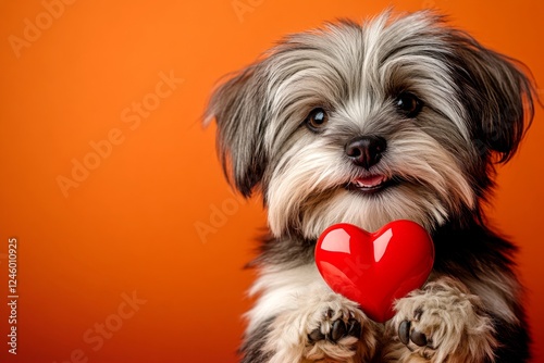 Digital ads idea. Tibetan terrier - my treasured dog. Cute tibetan terrier canine with diamond red heart - emblem of love, funny greeting card. Dog with love sign. Red heart. Love animals. photo