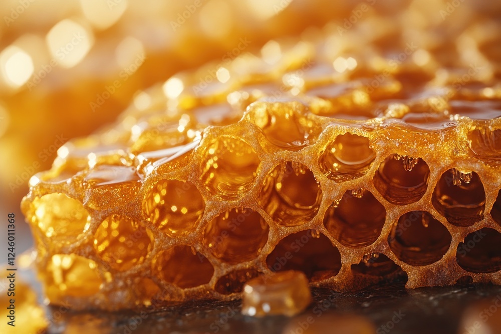 Honeycomb Close-Up with Warm Light and Intricate Hexagonal Patterns Honeycomb Close-Up with Warm Light and Intricate Hexagonal Patterns