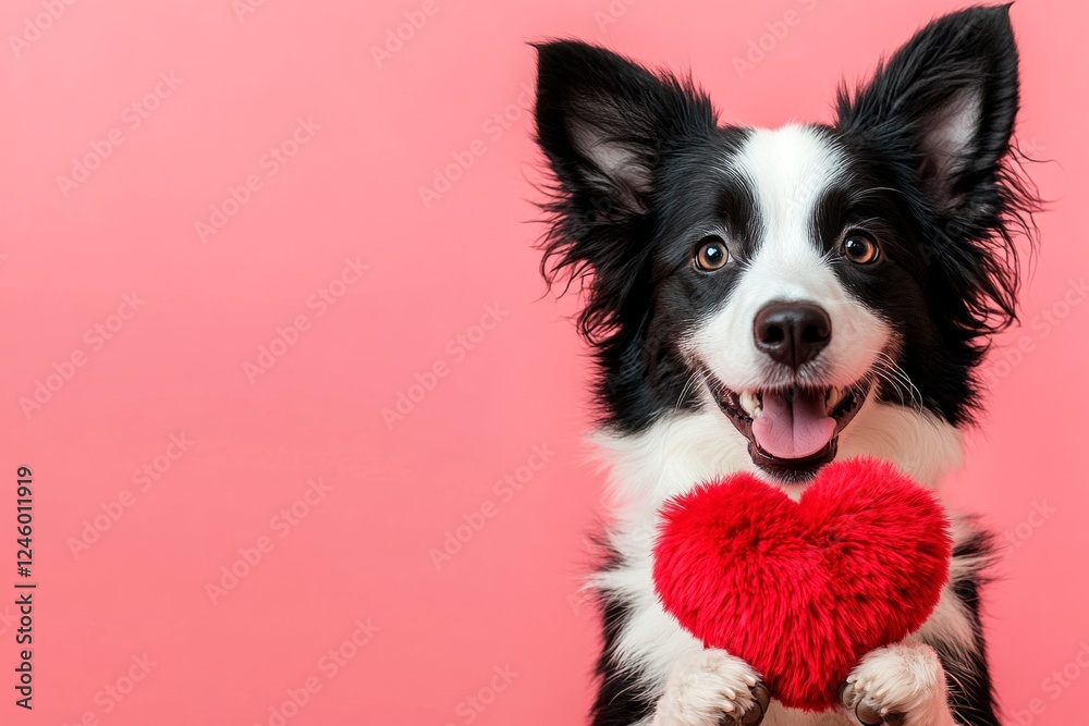 Fototapeta premium Collie - my cherished dog. Commercial creative. Cute collie pup with fluffy red heart - emblem of love, funny greeting card. Heartwarming pets. Heart and pet photography. Love and pet moments.