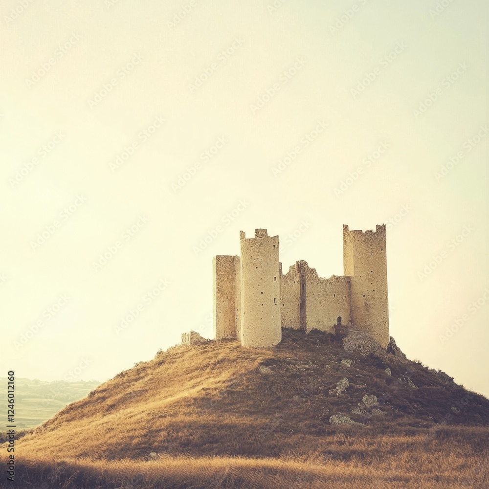 Obraz premium Ancient castle stands majestically on a hilltop under a warm golden sky at sunset. Generative AI