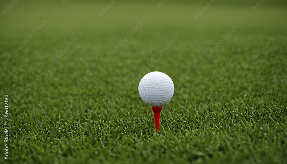 Golf ball on red tee in vibrant green grass Golf ball on red tee in vibrant green grass