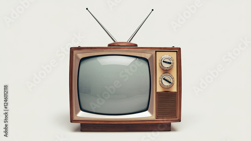 Vintage Old-Fashioned Television Set with Wooden Frame, Rounded Screen, Two Dials on the Right, and Antenna on Top, Highlighting Its Retro Design and Classic Appeal against a Neutral Background photo