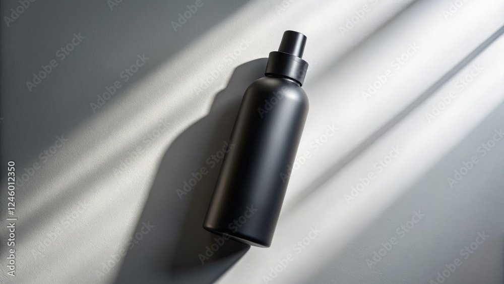 Fototapeta premium Luxurious matte black cosmetic bottle, soaring aerial drone shot. Unveiling elegant beauty packaging design.