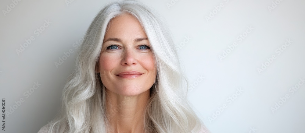 Naklejka premium Elegant portrait of a joyful woman with long silver hair and blue eyes on a neutral background ideal for text overlay or branding needs
