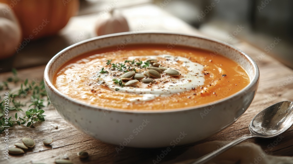 Homemade pumpkin soup with a spoon on the wooden table Homemade pumpkin soup with a spoon on the wooden table