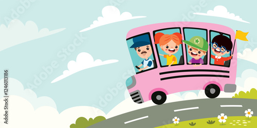 Cartoon Children Travelling By Bus