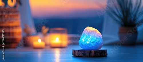 Calming blue-hued salt rock lamp creating a serene atmosphere with soft candlelight and space for text or branding.