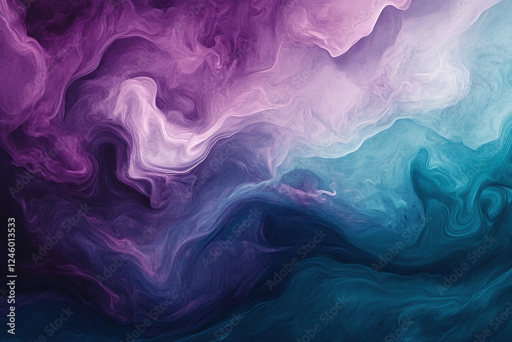 Fototapeta premium Abstract Violet Purple and Teal Gradient Art with Swirling Fluid Smoke Texture on Dark Background
