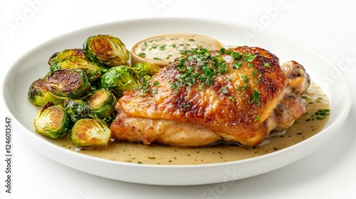 Succulent Roasted Chicken Thigh Served with Crisp Brussels Sprouts and Rich Gravy on a Classic White Plate, Perfectly Arranged for a Delicious Culinary Experience.