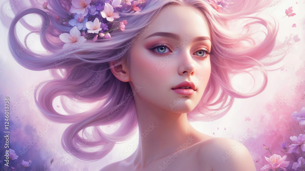 Creative fantasy portrait of a girl surrounded by flowers. Concept of dream, meditation, transcendent conscience and creative mind. Creative fantasy portrait of a girl surrounded by flowers. Concept of dream, meditation, transcendent conscience and creative mind.