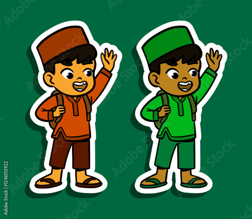 Sticker Illustration of a Muslim Boy Cartoon Character