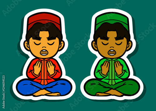 Sticker Illustration of a Muslim Boy Cartoon Character