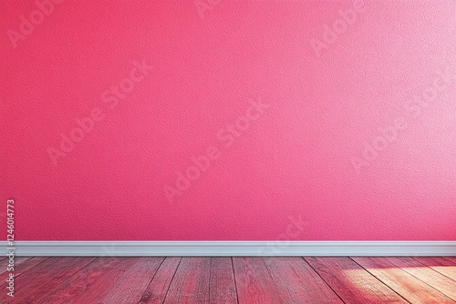 Vivid Pink Wall with Wooden Floor and Baseboard in Bright Sunlit Interior Scene