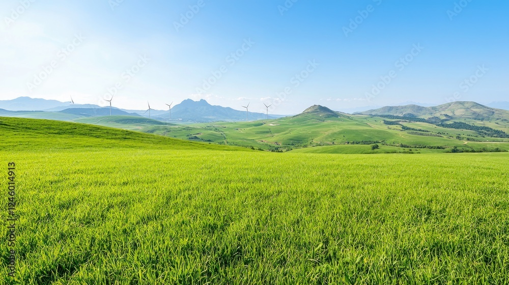 Green hills, wind turbines, sunny day, pastoral landscape, nature background Green hills, wind turbines, sunny day, pastoral landscape, nature background