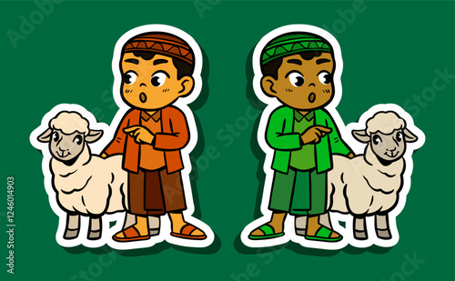 Sticker Illustration of a Muslim Boy with Goat