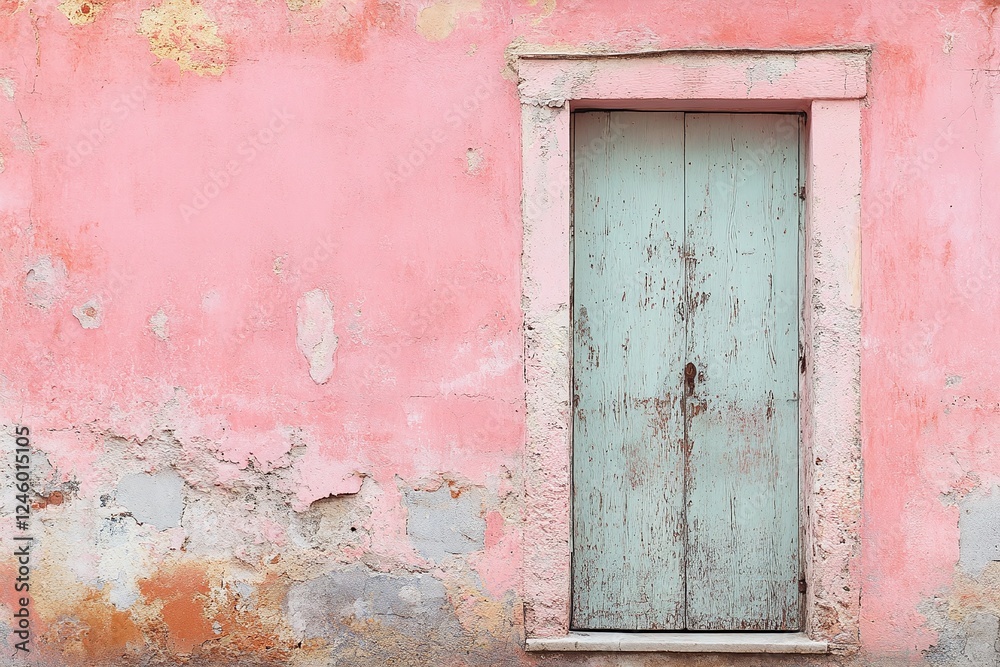 Weathered Wooden Door on Old Rustic Pink Wall with Cracked Paint in Vintage Style Architecture Weathered Wooden Door on Old Rustic Pink Wall with Cracked Paint in Vintage Style Architecture