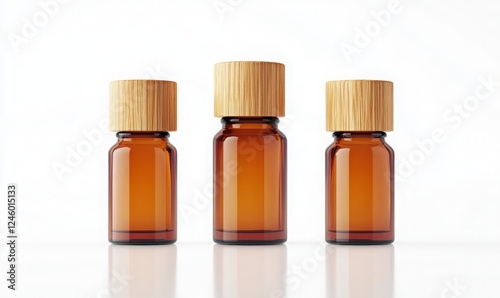Three Amber Glass Bottles with Wooden Caps on a White Background - Perfect for Product Display or Packaging Design