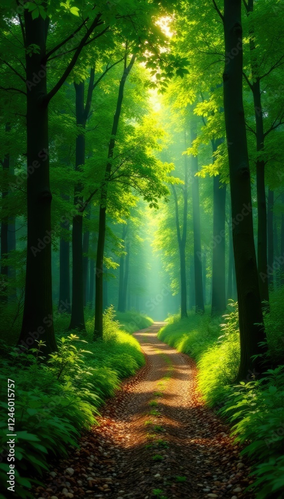 Fototapeta premium Peaceful forest path winding through tall trees, leaves, trees