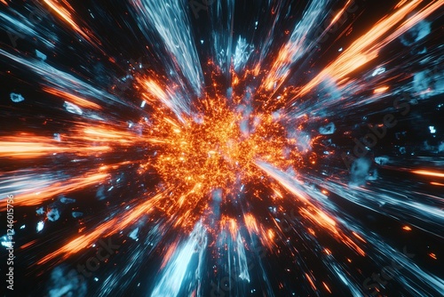 Dynamic Explosion of Bright Orange and Blue Energy Sparks with Radiating Light in Dark Space Scene