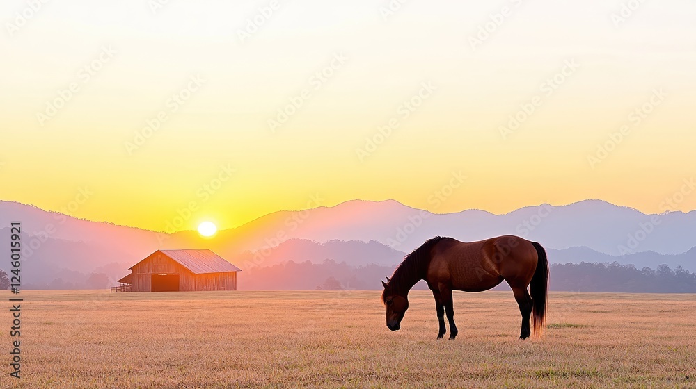 A serene horse grazing in a sunlit field with a rustic barn at sunset in the background A serene horse grazing in a sunlit field with a rustic barn at sunset in the background