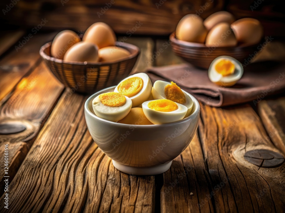 Moody low-light captures rustic charm: hard-boiled eggs, wooden table, delicious still life.