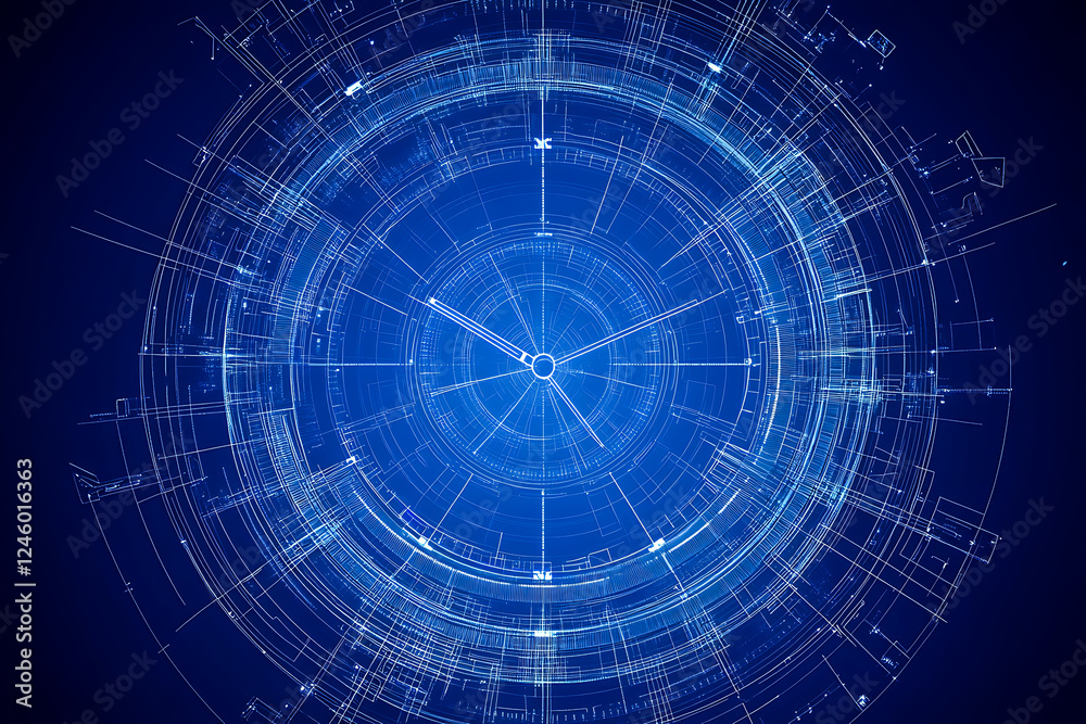 Fototapeta premium Futuristic Digital Wireframe Clock Concept on Blue Background