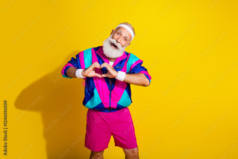Photo of cheerful positive mature guy dressed retro sport jacket showing heart sign emtpy space isolated yellow color background Photo of cheerful positive mature guy dressed retro sport jacket showing heart sign emtpy space isolated yellow color background