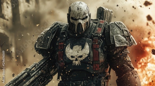 Armored Soldier Amidst Explosions and Debris