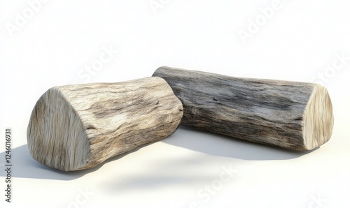 Two Wooden Logs on a White Surface A Minimalistic Arrangement Showcasing Natural Textures and Shapes, Perfect for Backgrounds or Nature-Themed Projects.