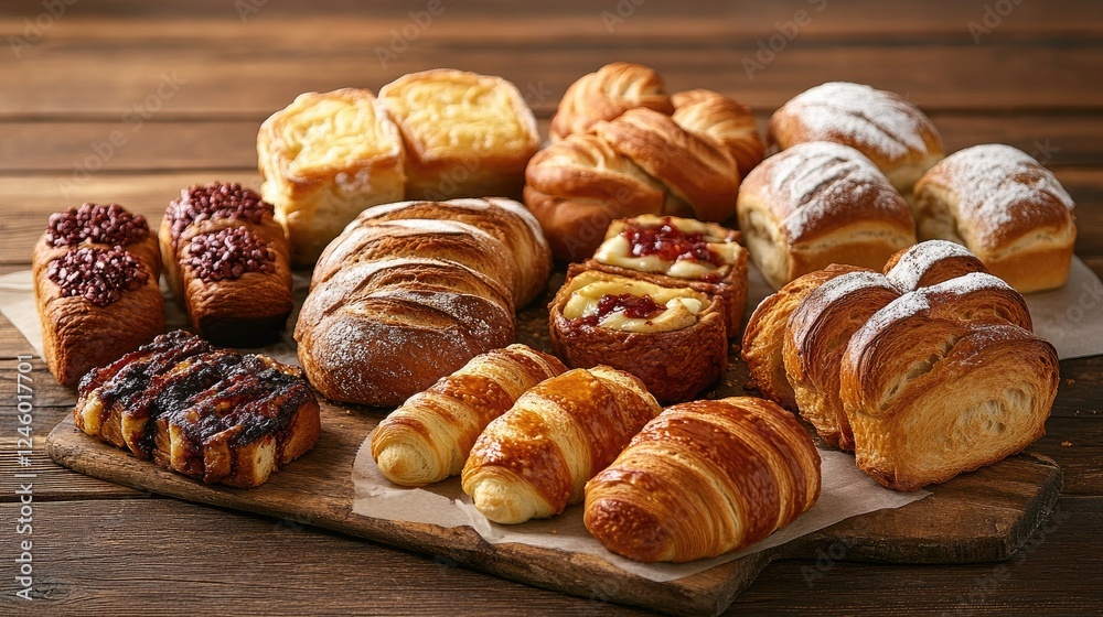Freshly Baked Assorted Pastries on Wooden Table with Rustic Decor Freshly Baked Assorted Pastries on Wooden Table with Rustic Decor