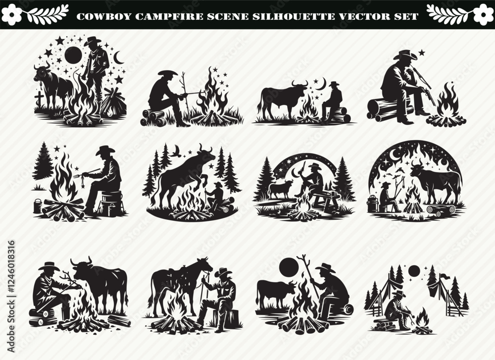 Fototapeta premium Cowboy Campfire Scene Silhouette Vector Set: 12 Images