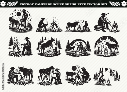 Cowboy Campfire Scene Silhouette Vector Set: 12 Images