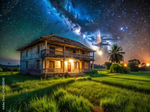 Night Photography: Old Town House in Bhuta Village, Para, Grassland Field photo