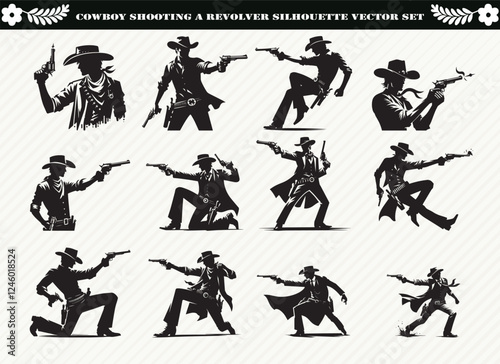 Cowboy Shooting a Revolver Silhouette Vector Set: 12 Images