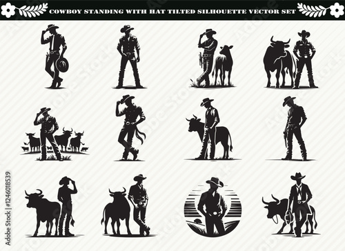 Cowboy Standing with Hat Tilted Silhouette Vector Set:Images for Western Design