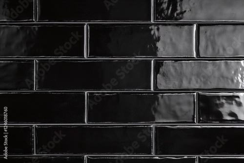 Glossy Black Ceramic Subway Tiles with Reflections and Grout Lines in Rectangular Pattern