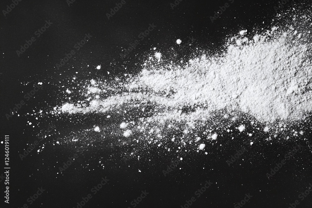 White Fine Powder Spread in Dynamic Pattern on Black Background Symbolizing Texture and Purity White Fine Powder Spread in Dynamic Pattern on Black Background Symbolizing Texture and Purity
