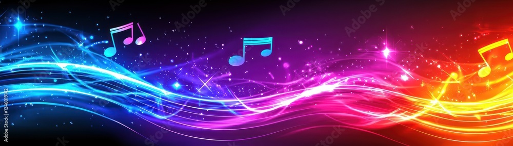 Obraz premium Colorful music notes wave, abstract background, digital art, website banner
