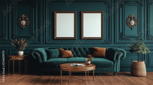 Elegant Living Room with Green Sofa and Decorative Wall Art