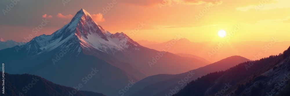 Fototapeta premium Mountain summit bathed in warm golden light glow, glow, calm
