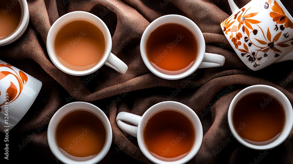 Aerial view of multiple tea cups arranged on a brown fabric, showcasing warm beverages Aerial view of multiple tea cups arranged on a brown fabric, showcasing warm beverages
