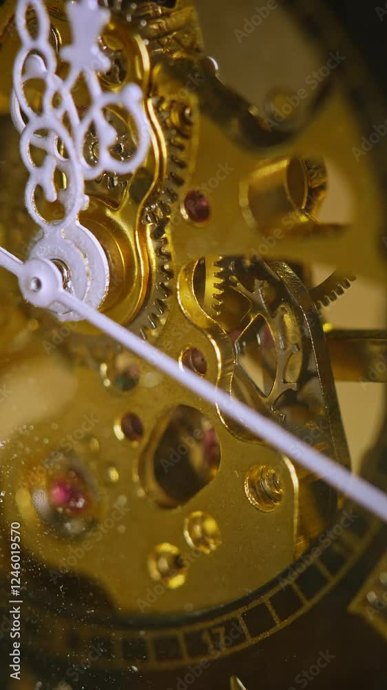 Gears, inner workings, and white hands of a golden vintage pocket watch, macro shot. Time, inspiration, and antique concepts.