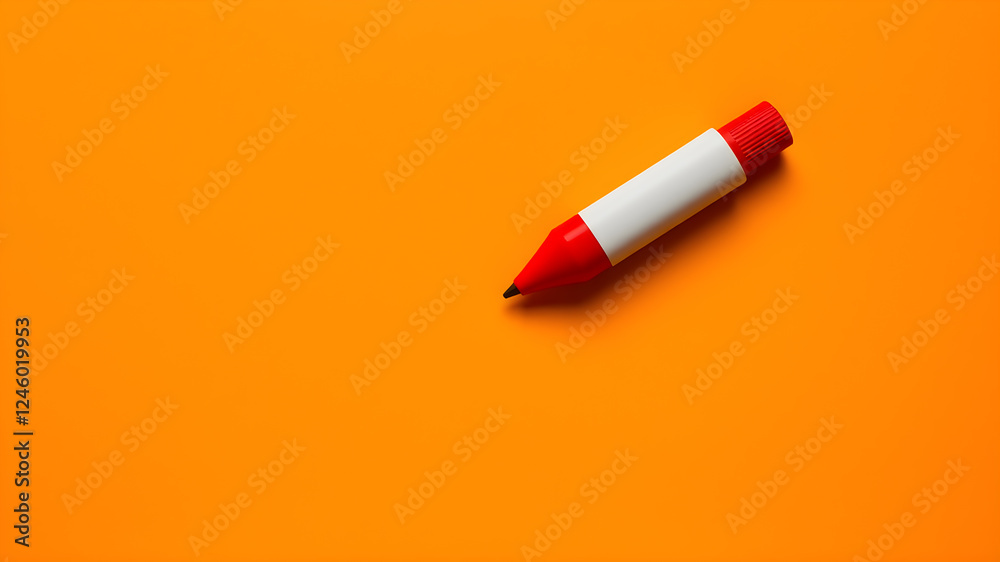 Bright red marker on orange background, top view. Space for text. Generative AI Bright red marker on orange background, top view. Space for text. Generative AI