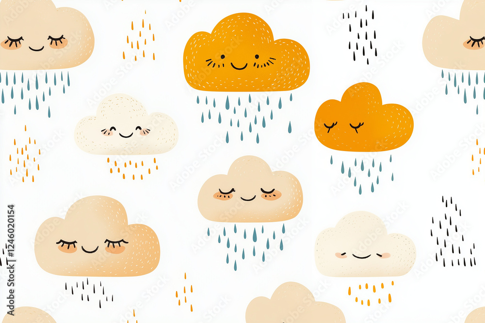 cute cloud-themed seamless pattern with smiling faces, pastel tones, and a hand-drawn style. Perfect for children's designs, textiles, wallpapers, greeting cards, and nursery decorations. Soft and pla cute cloud-themed seamless pattern with smiling faces, pastel tones, and a hand-drawn style. Perfect for children's designs, textiles, wallpapers, greeting cards, and nursery decorations. Soft and pla